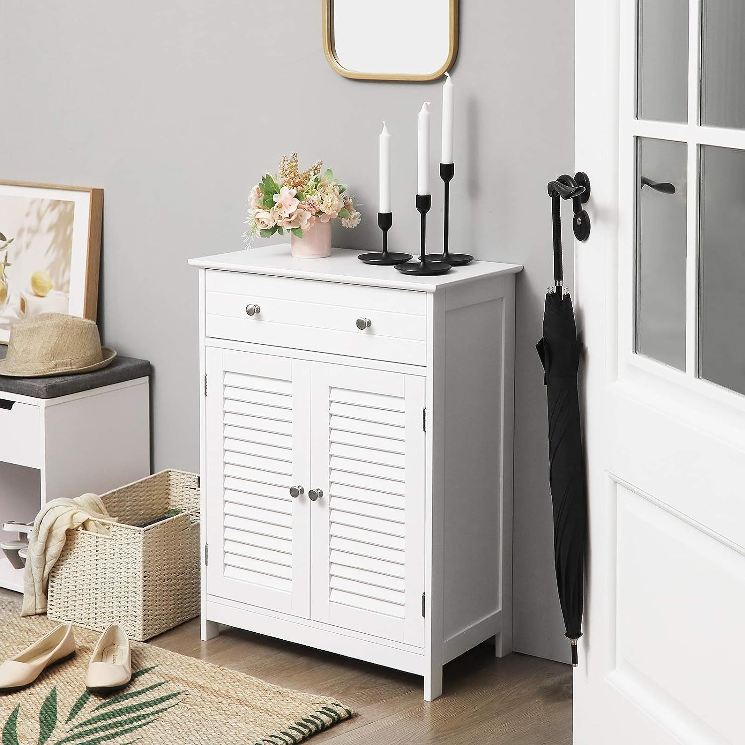 BBC51WT Bathroom Cabinet, 60 X 30 X 80 Cm, Storage Cabinet with 2 Slat Doors, Drawer, Adjustable Shelf, Scandinavian Style, Matt White