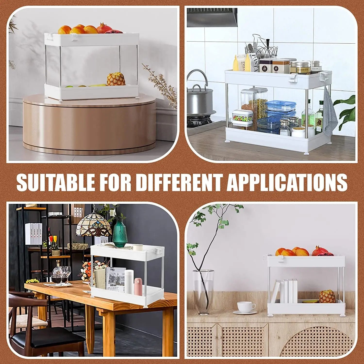 under Sink Organizer Storage,2 Tier Bathroom Organizer Kitchen Storage Rack with Hooks, Hanging Cup, Dividers,Multi-Purpose Bath Collection Baskets for Bathroom Kitchen (White)