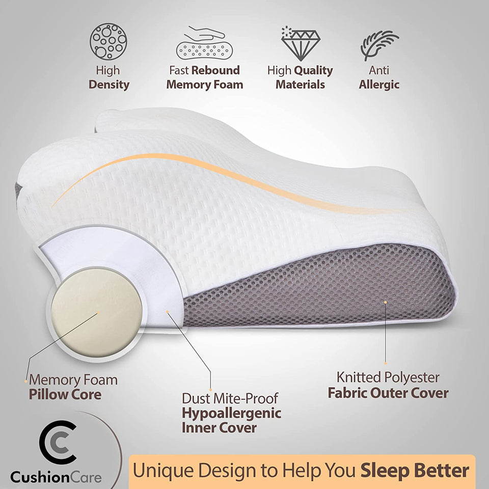 Cervical Memory Foam Pillow for Neck and Shoulder Pain Relief – Ergonomic, Orthopedic Pillow for Side, Back, Stomach Sleepers - Contour Pillows for Sleeping Support - Free Sleeping Mask