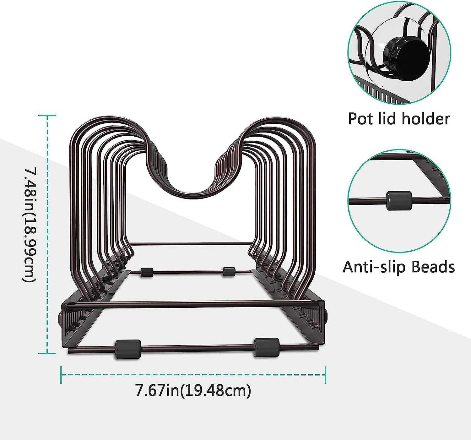 Pot Lid Organizer Pan Holder Rack with 10 Dividers and 4 Hooks, Expandable Cookware Rack for Kitchen Cabinet Cupboard Pantry, Skillet Frying Pan Pot Lid Storage -Bronze