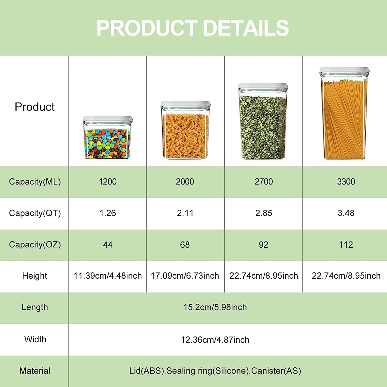 Airtight Food Storage Container, 4 Pcs Clear Plastic Kitchen Canisters Set with Pop up Airtight Lids for Bulk Food Cereal Candies Cookies Coffee Nuts Sugar Pet Food Storage