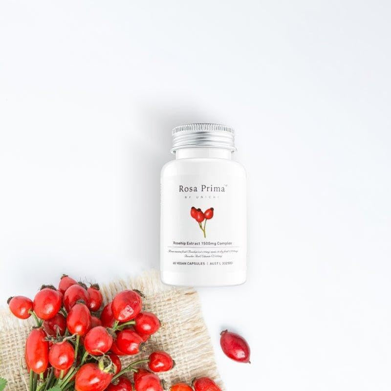 Rosa Prima Rosehip Extract 1,500Mg Complex, Collagen Formation and Skin Repair Supplement with Vitamin C&E for Glowing, Nourishing and Firming, 60 Vegan Capsules