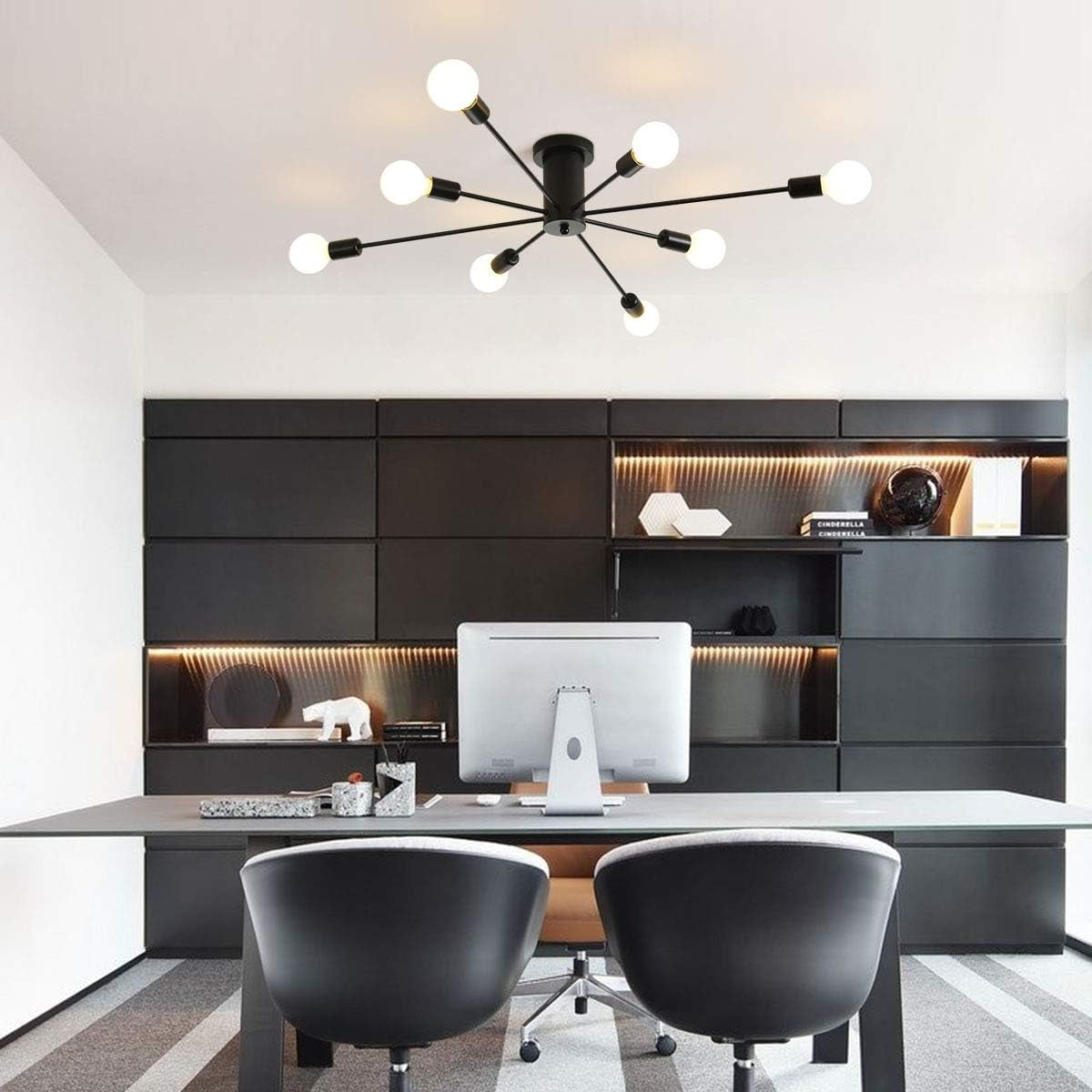 8-Light Sputnik Chandelier Black Industrial Semi Flush Mount Ceiling Light Fixture Mid Century Modern Pendant Light for Kitchen Farmhouse Living Room