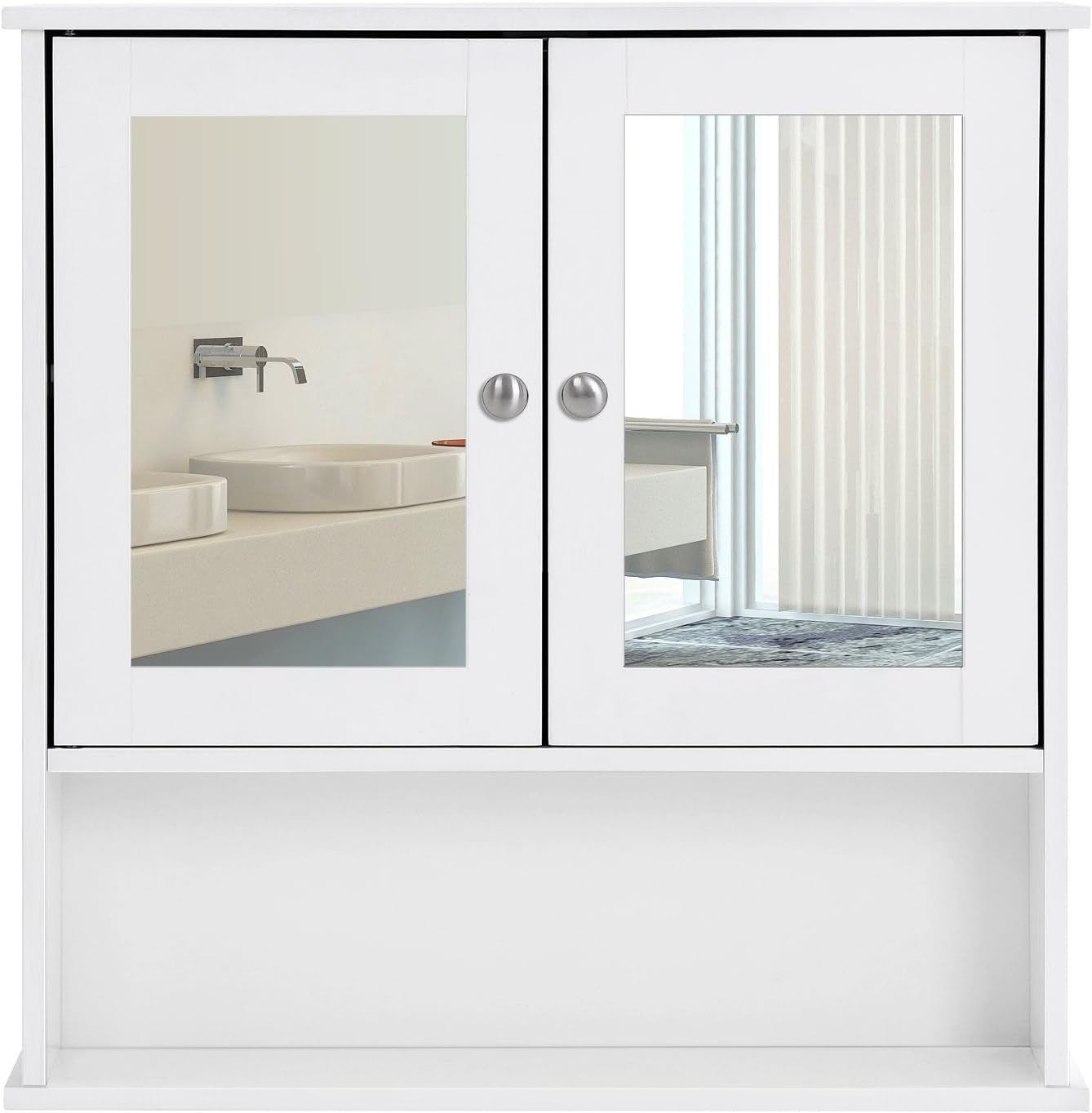 Double Mirror Doors Bathroom Cabinet, Wall Cabinet, Storage Cupboard, Wall-Mounted Storage Unit, Adjustable Height Shelves, 56 X 13 X 58 Cm, White LHC002