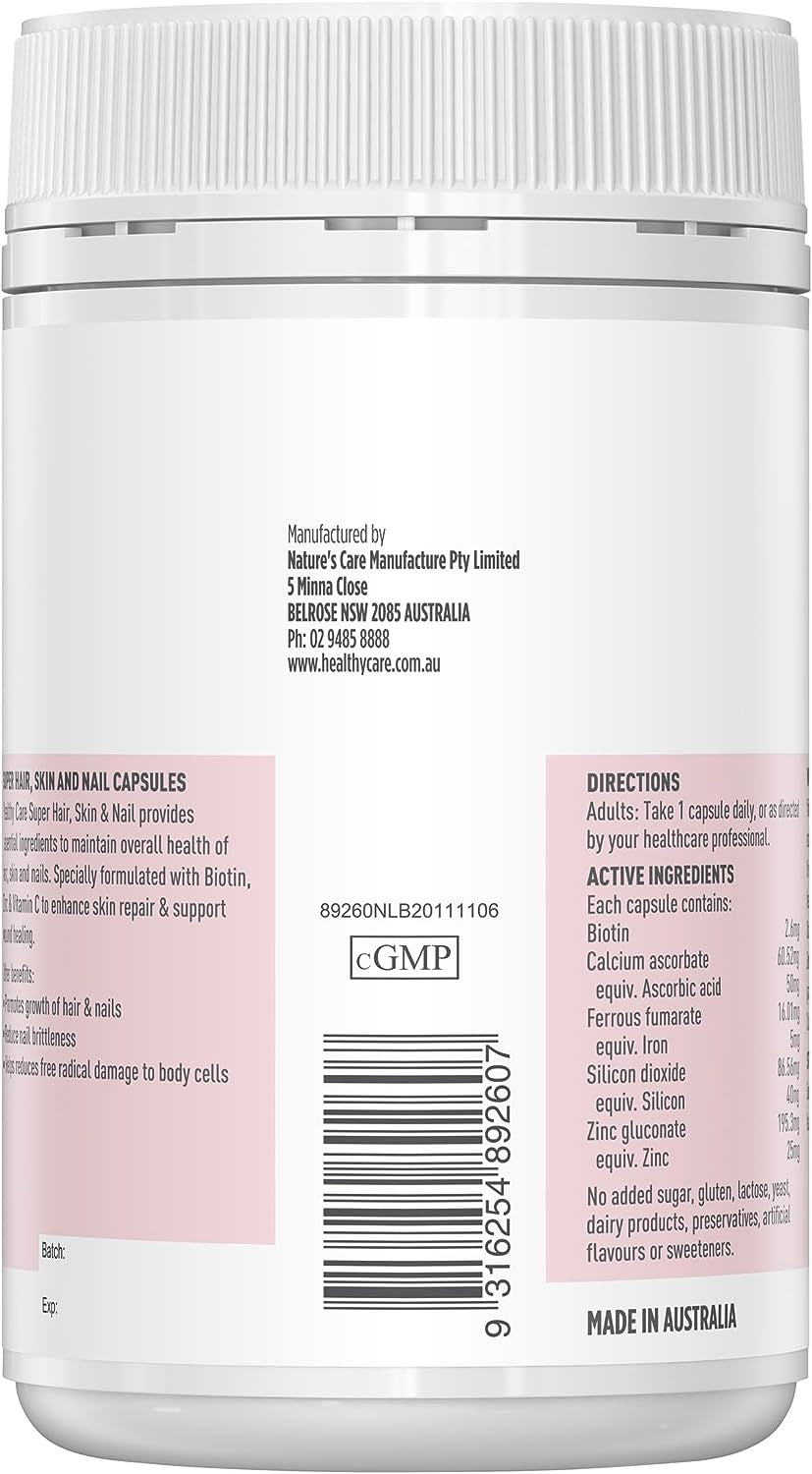 Super Hair, Skin and Nails - 100 Capsules, Pink | with Biotin, Zinc and Vitamin C