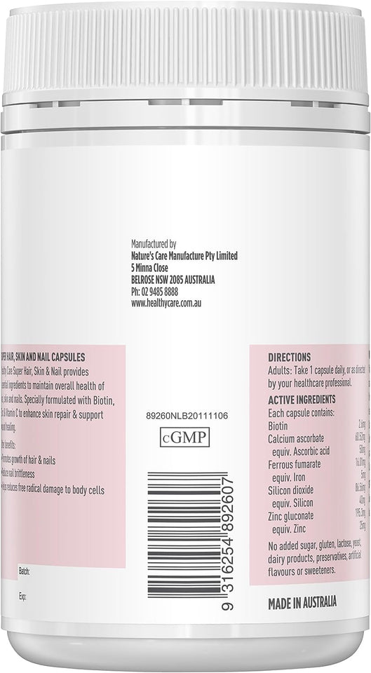 Super Hair, Skin and Nails - 100 Capsules, Pink | with Biotin, Zinc and Vitamin C