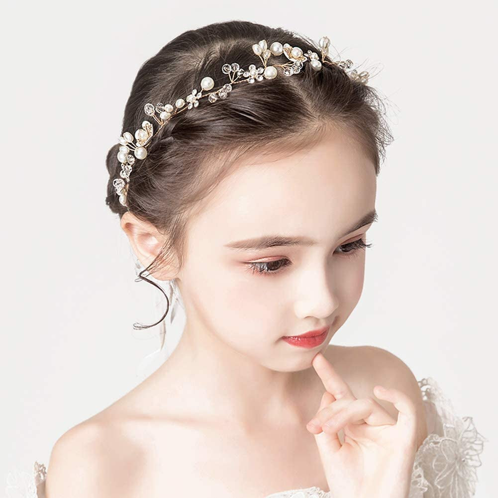 Wedding Hair Accessories for Kids, Princess Headpiece White Flower Headband Pearl Hair Dress for Girl and Flower Girls Cute Bridal Wedding Hair Band