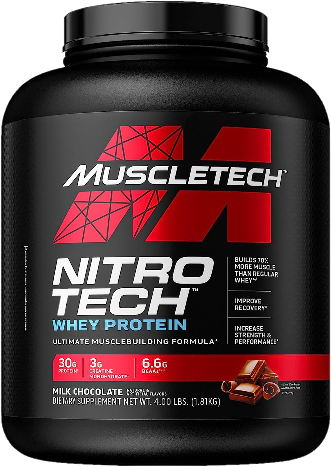 Whey Protein Powder,  Nitro-Tech Whey Protein Isolate + Peptides, Lean Protein Powder with Creatine, Sports Nutrition Protein Powder for Men & Women, Chocolate, 1.81Kg (40 Servings)