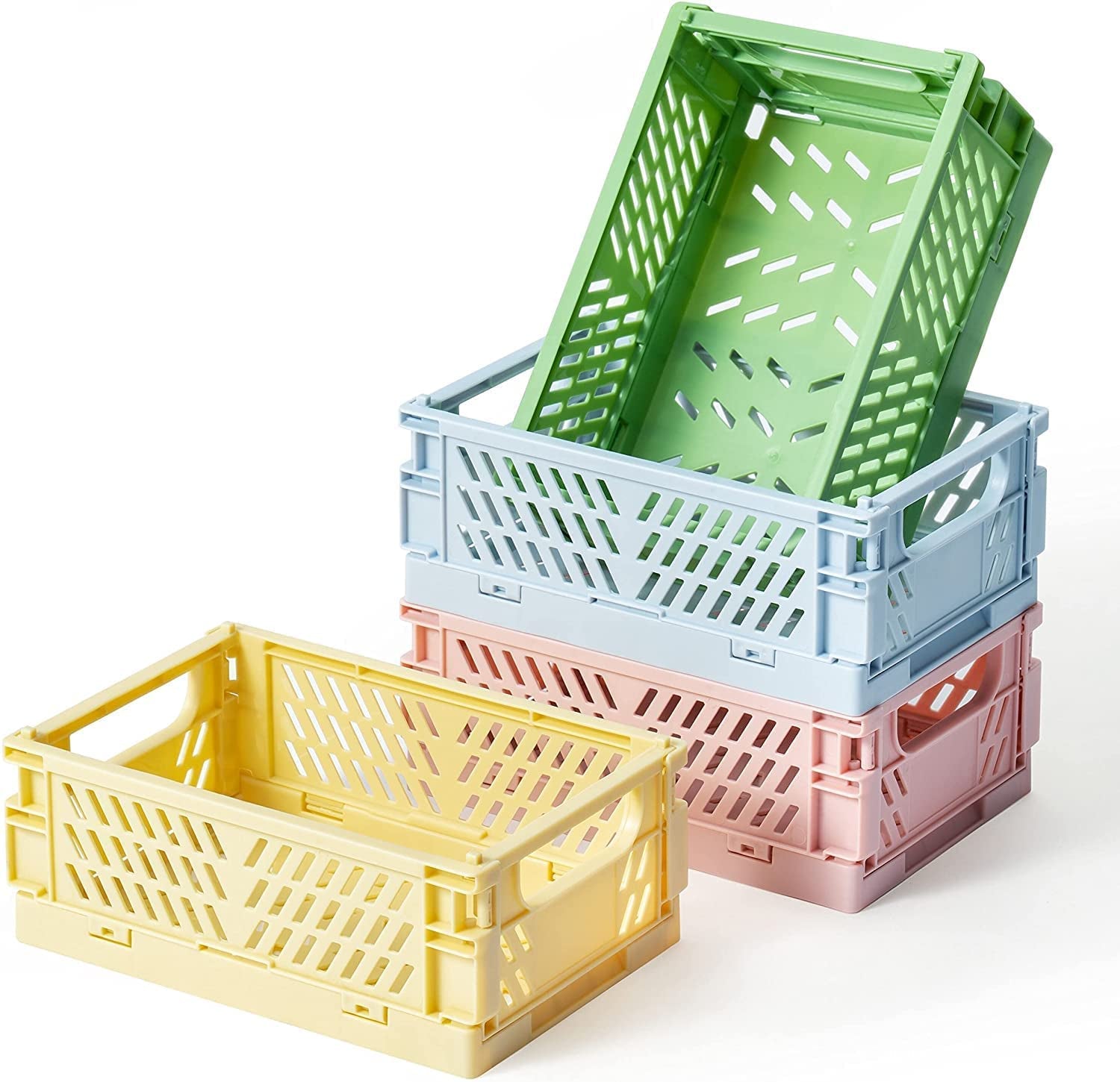 Mini Baskets Plastic for Shelf Home Kitchen Storage Bin Organizer,Stacking Folding Storage Baskets for Classroom Bedroom Bathroom Office 4-Pack