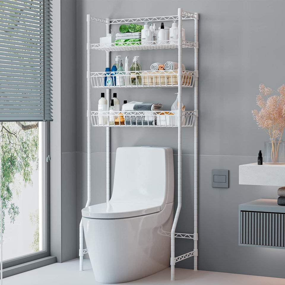 Over the Toilet Storage, 3-Tier Bathroom Rack for Space Saver,Heavy Duty Corner Stand Storage Organizer Accessories Sturdy Anti-Tilt Adjustable Bathroom Cabinet with 2 Baskets (White, 3-Tier)