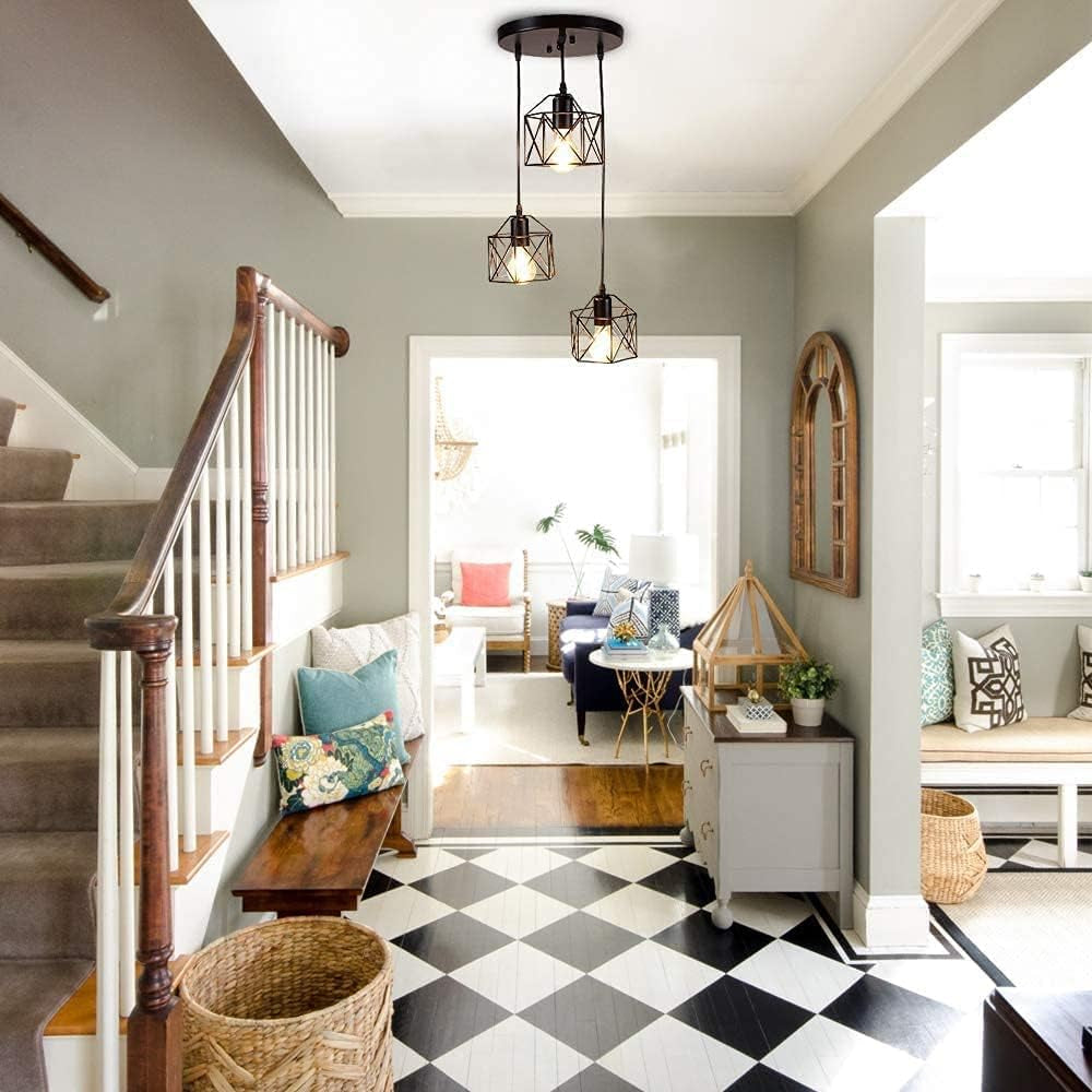 Vintage Pendant Light, 3-Light Adjustable Hanging Pendant Lights Fixture with Cage Shade, Industrial Design Pendant Lamp for Kitchen/Dining Room/Hallway, E27 Base Black