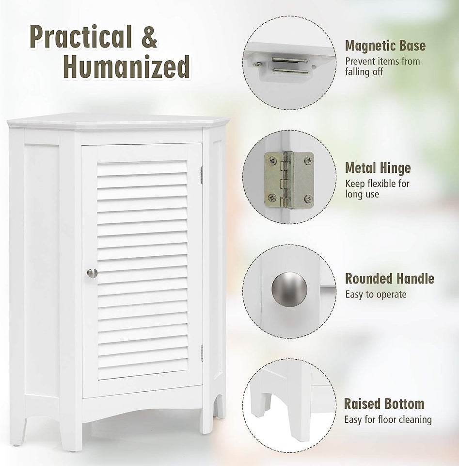 Corner Shutter Door Cabinet, Modern Bathroom Storage Oragnizer with Single Doors & 2 Shelves, Free-Standing Corner Storage Cabinet for Bathroom, Kitchen, Living Room, Bedroom, White