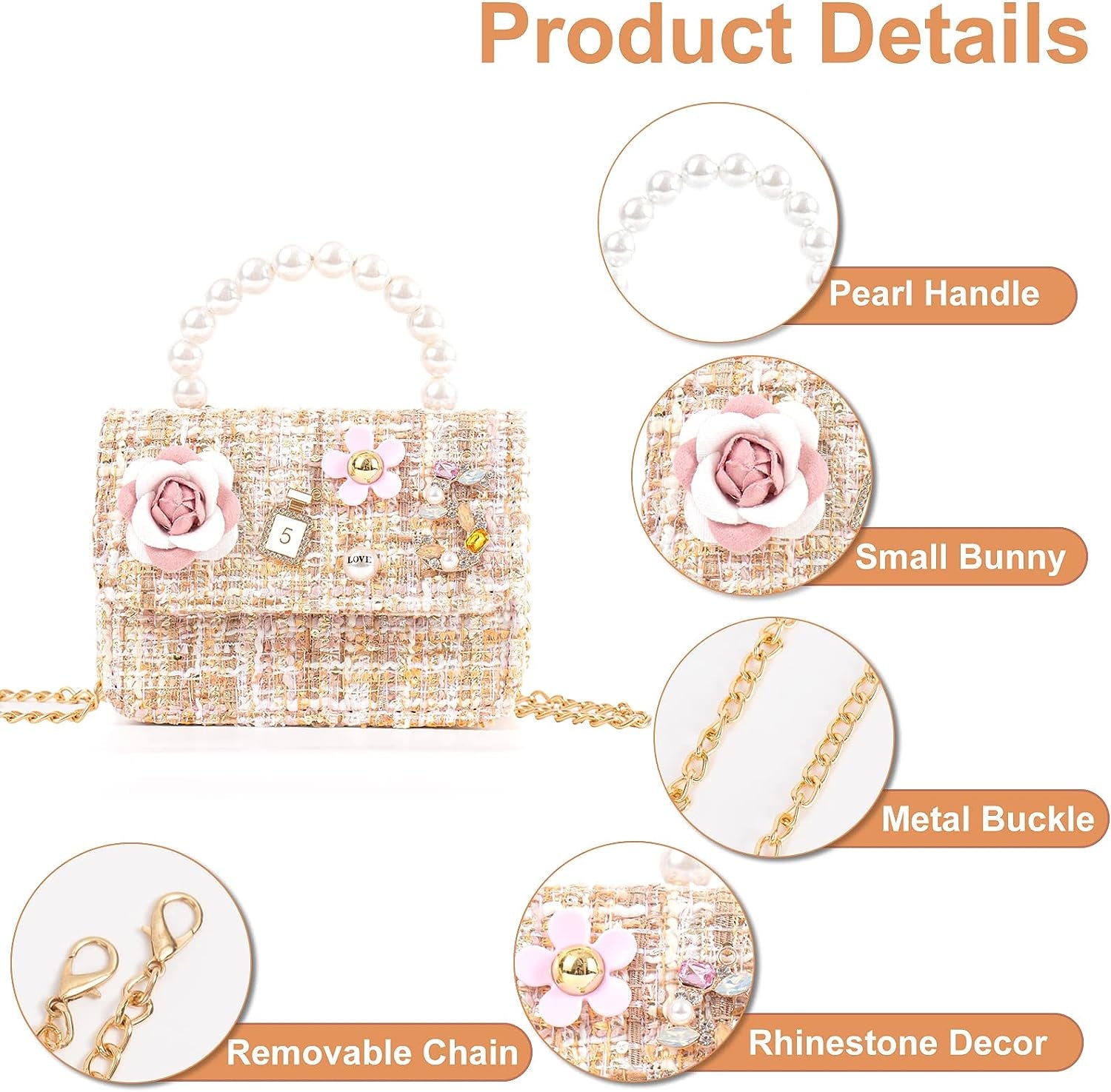 Little Girls Princess Purses Cute Crown Crossbody Bag Handbag with Pearl Handle for Kids Toddler