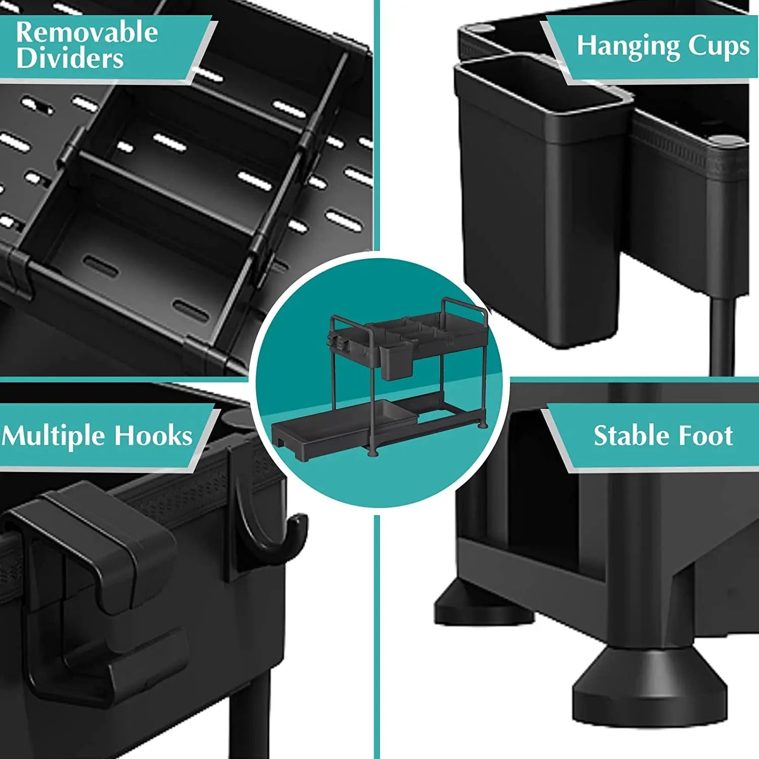under Sink Organizers and Storage, Kitchen Storage Rack 2 Tier Drawer Pull-Able Cabinet Basket Organizer Bathroom Storage Rack with Hooks, DIY Removable Dividers (Black)