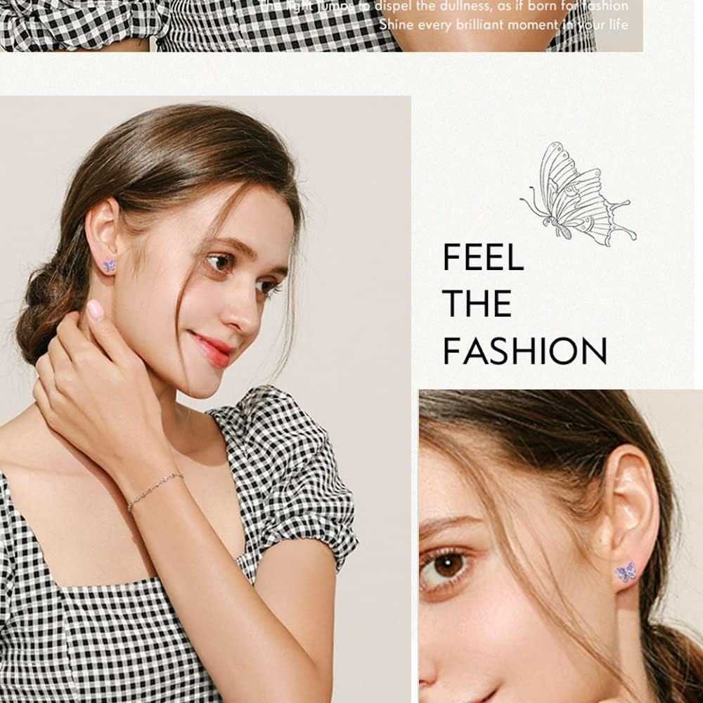 8 Pairs Hypoallergenic Earrings 925 Sterling Silver Stud Earrings Heart CZ Tiny Butterfly for Kids, Toddlers, Little Girls, Teens, Women
