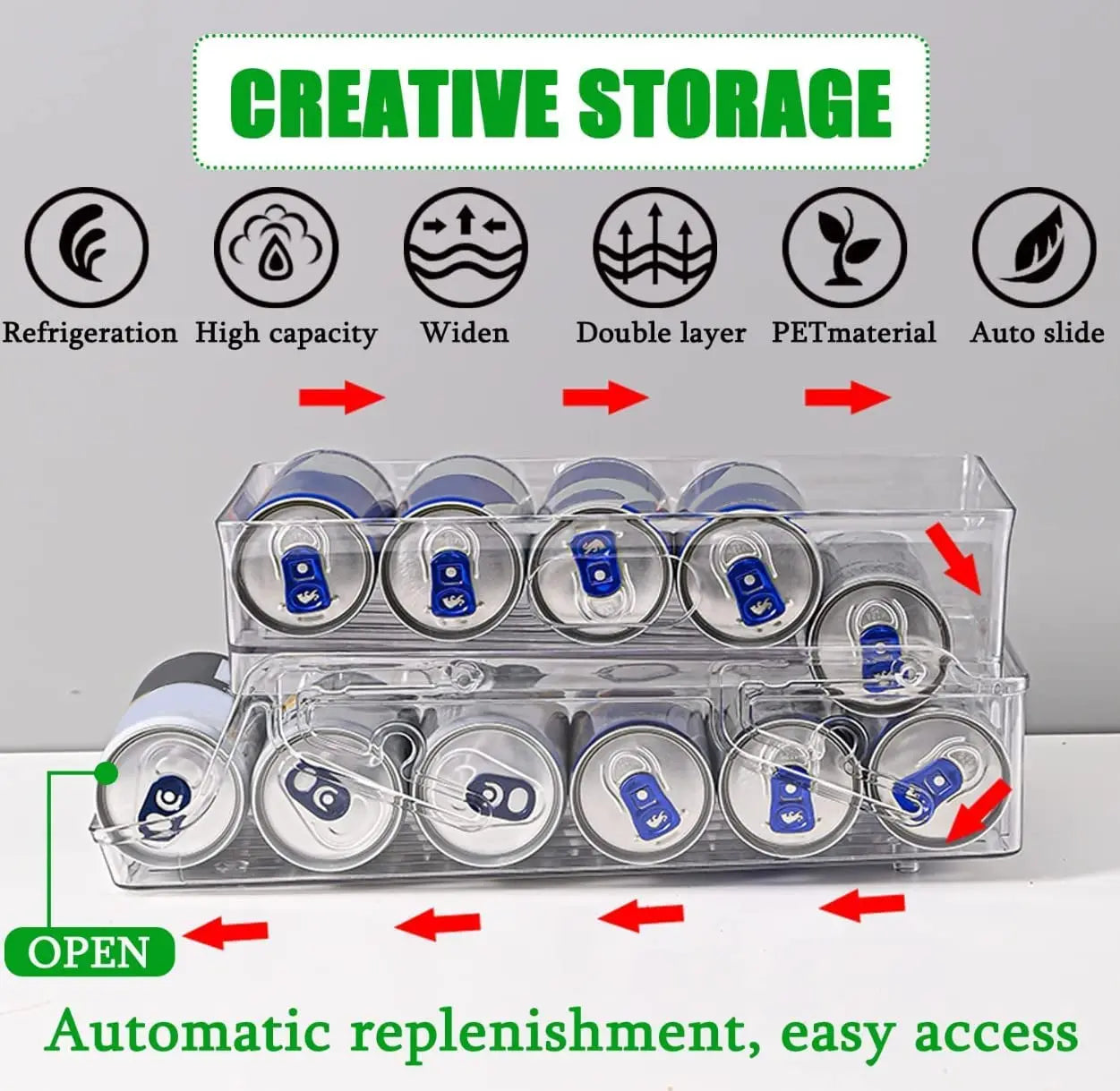 2-Pack Soda Can Organiser Bin for Refrigerator, 2-Tier Stackable Can Holder Dispenser with Automatic Rolling, Fridge Storage Rack, for Australia Beverage Beer Soda Seltzer Pop Can and Canned Food, for Fridge Freezer Pantry Cabinet Kitchen, Clear Design