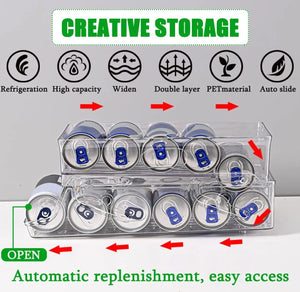 2-Pack Soda Can Organiser Bin for Refrigerator, 2-Tier Stackable Can Holder Dispenser with Automatic Rolling, Fridge Storage Rack, for Australia Beverage Beer Soda Seltzer Pop Can and Canned Food, for Fridge Freezer Pantry Cabinet Kitchen, Clear Design