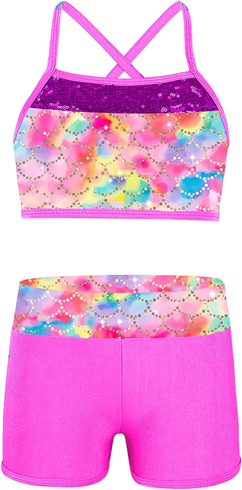 Kids Girls 2Pcs Actviewear Gymnastics Sports Ballet Dance Outfit Camis Crop Top with Shorts Tankini Set