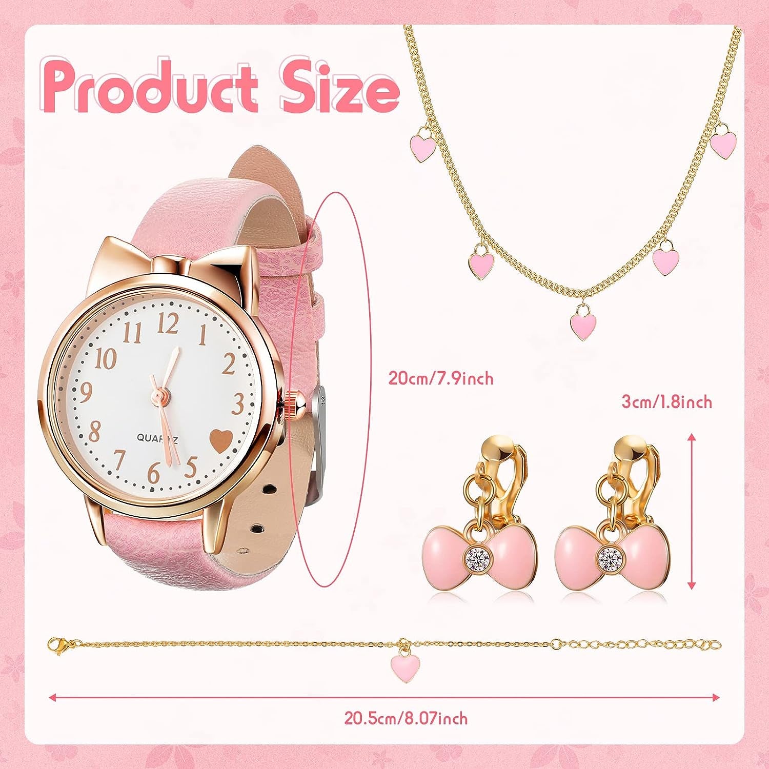 4 Pcs Children'S Watch and Silver Plated Jewellery Set Include Watch with Leather Strap, Necklace, 1 Pair Earrings and Bracelet for Kids Girls Birthday Gifts