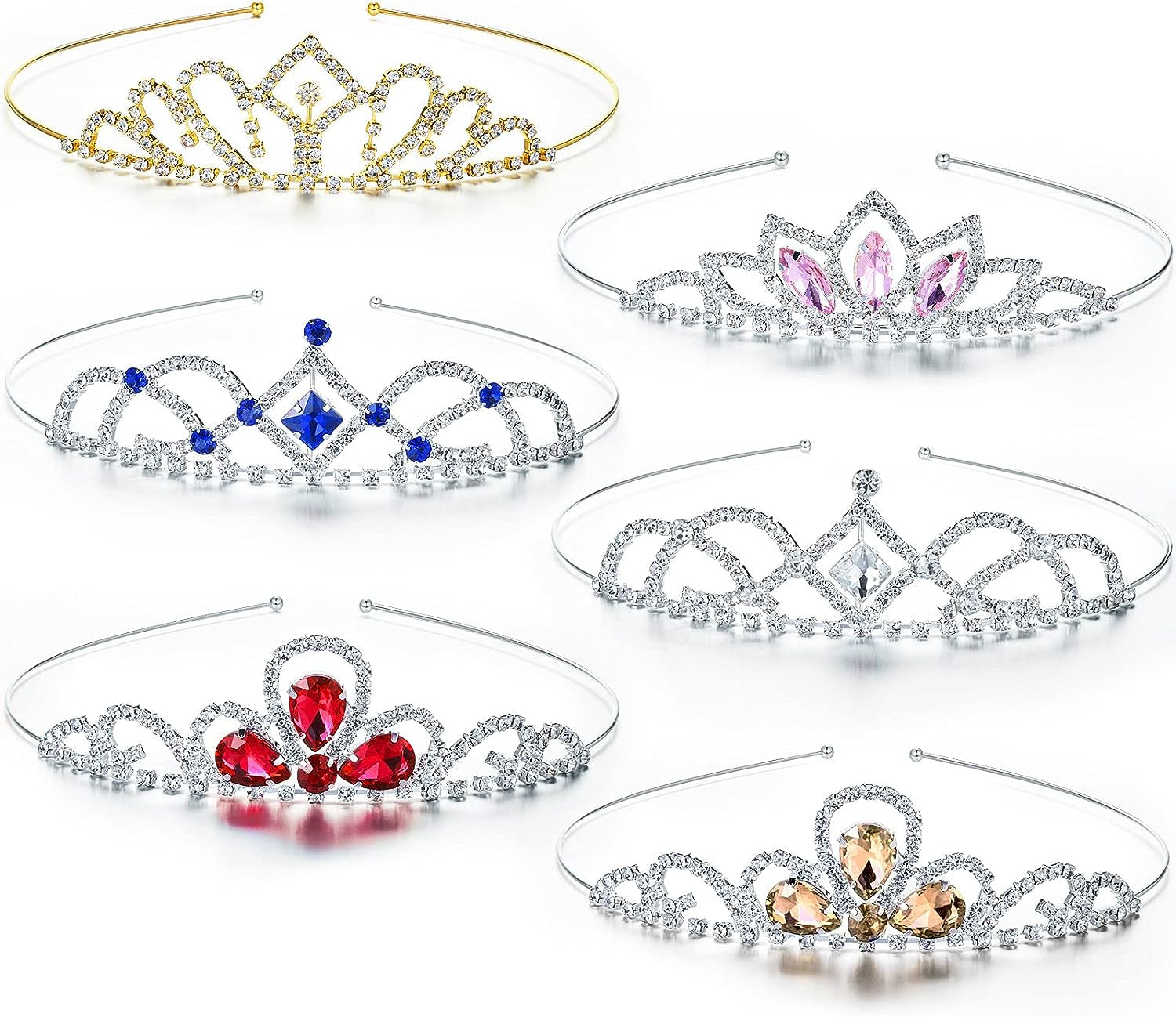 6 Pieces Girls Crown Tiara Rhinestone Crown Colorful Crystal Tiara Rhinestone Princess Crystal Headband Crown Headband for Little Girls Wedding Princess Birthday Crown Party