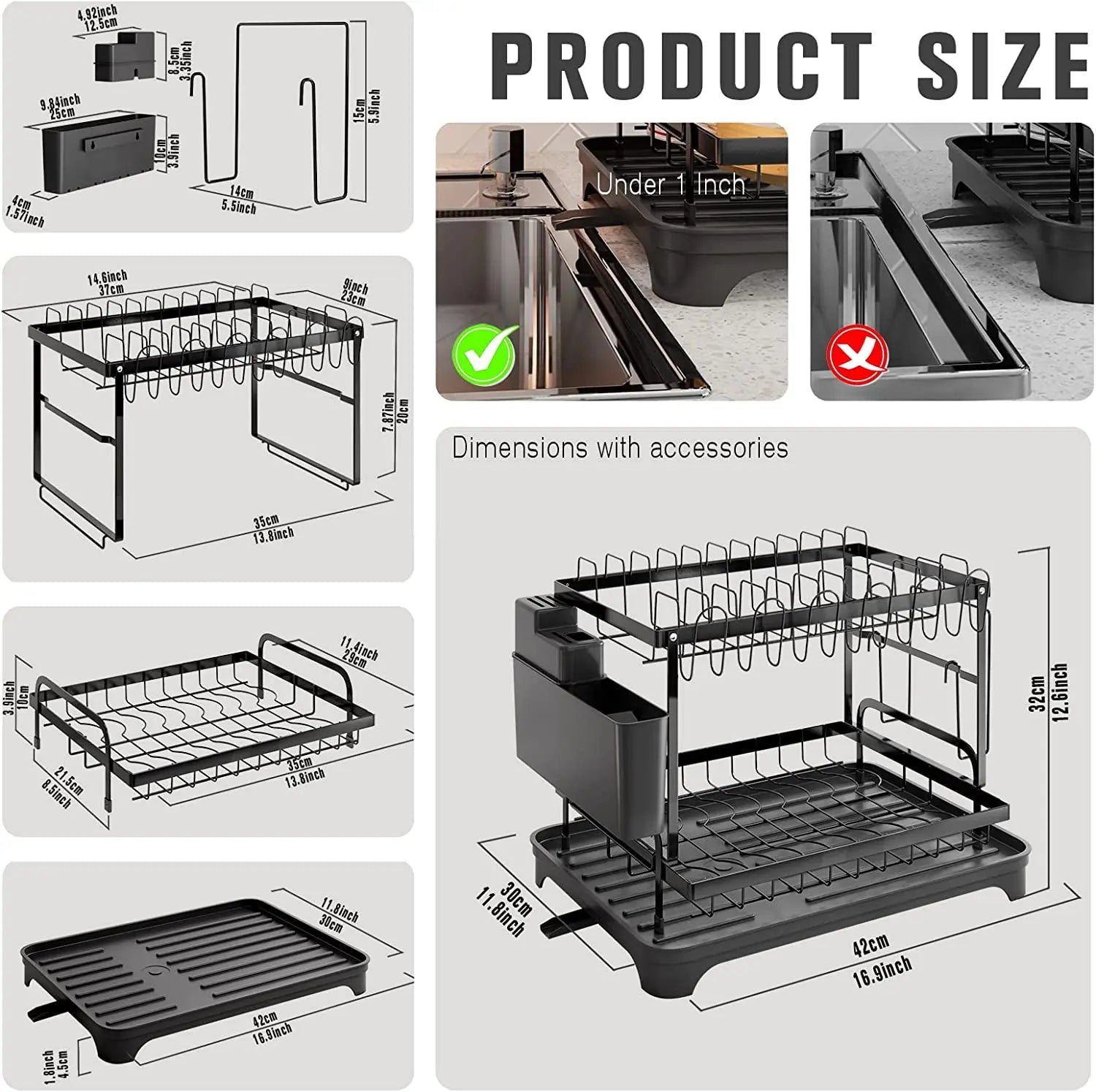 Dish Drying Rack, Dish Rack for Kitchen Counter, Dish Drainers for Kitchen Storage & Organisation with Cup Holder, Large Capacity Dish Rack and Drainboard Set