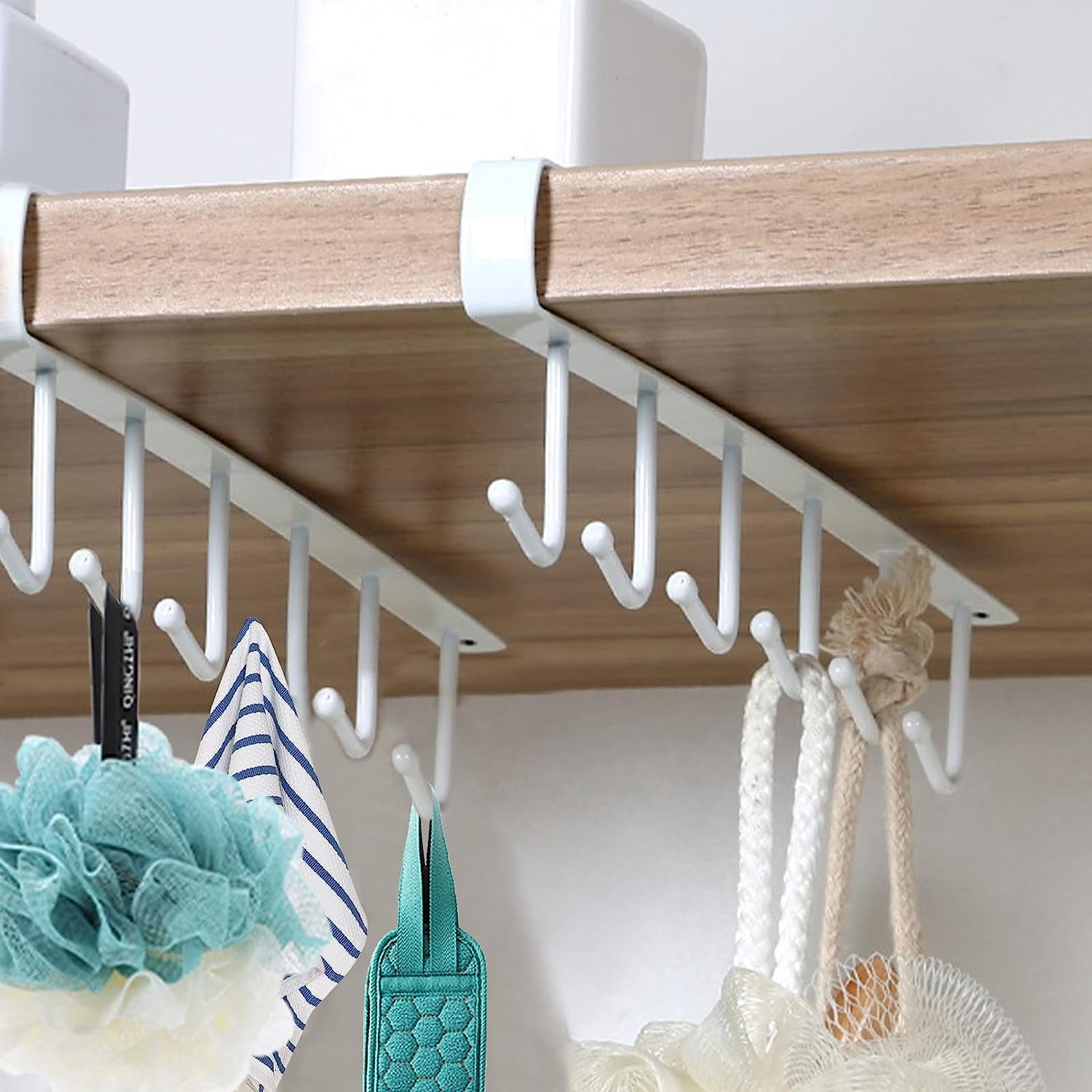2Pack under Cabinet 6-Mug Hooks under Shelf, Multi-Function Cup Mug Holder for Kitchen under the Closet Hanging Organizer Hooks, Kitchen Storage Rack Hooks Utensil for Mug Cabinet Shelves White