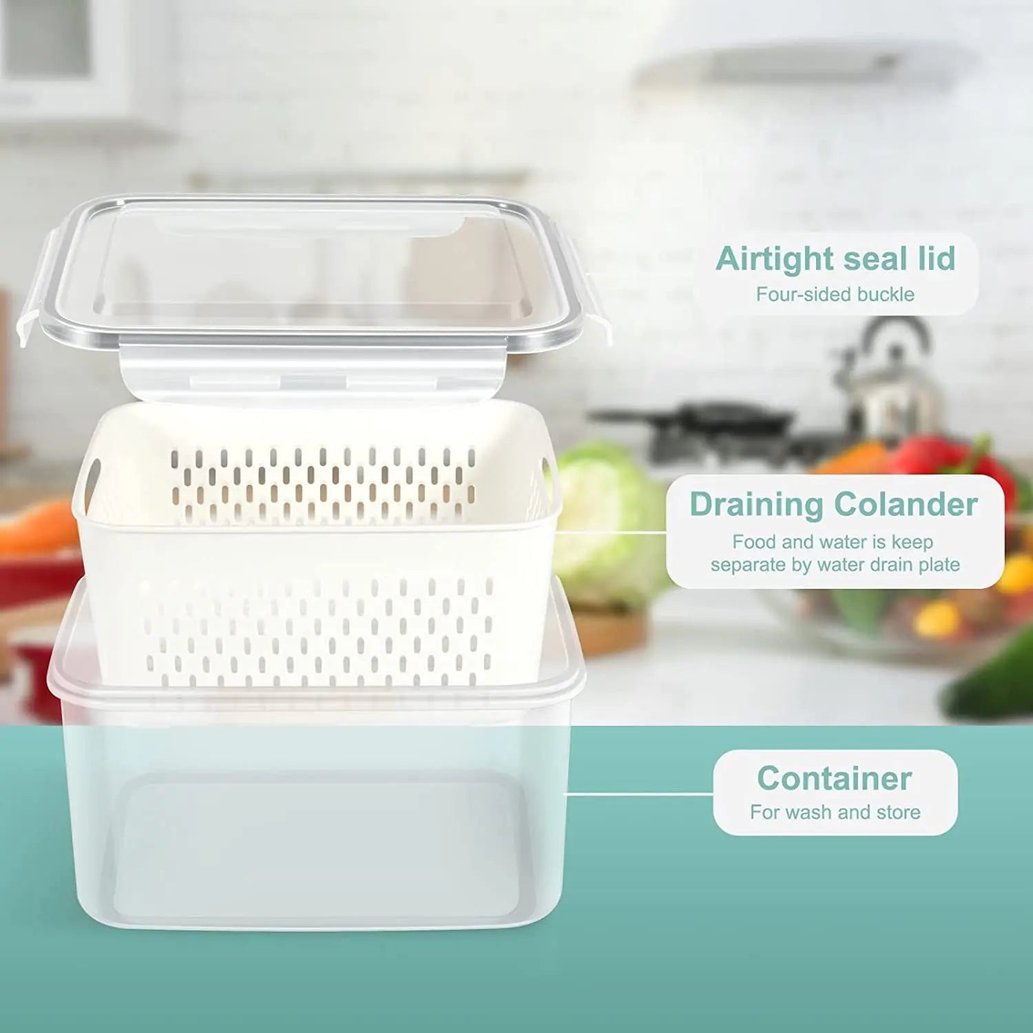 Food Storage Containers with Lids Set of 4,Fridge Organiser Bins,Fridge Storage with Colander,Reusable Food Containers for Fruit & Vegetable Storage,Kitchen Storage & Organisation