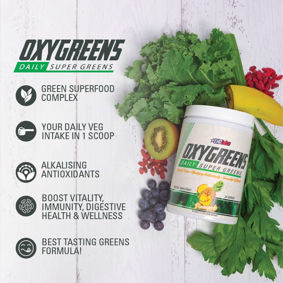 Ehplabs Oxygreens Daily Super Greens Powder - Green Superfood, Spirulina Herbal Supplement with Prebiotic Fibre, Alkalizing Antioxidants & Immunity Wellness, 30 Serves (Pineapple)
