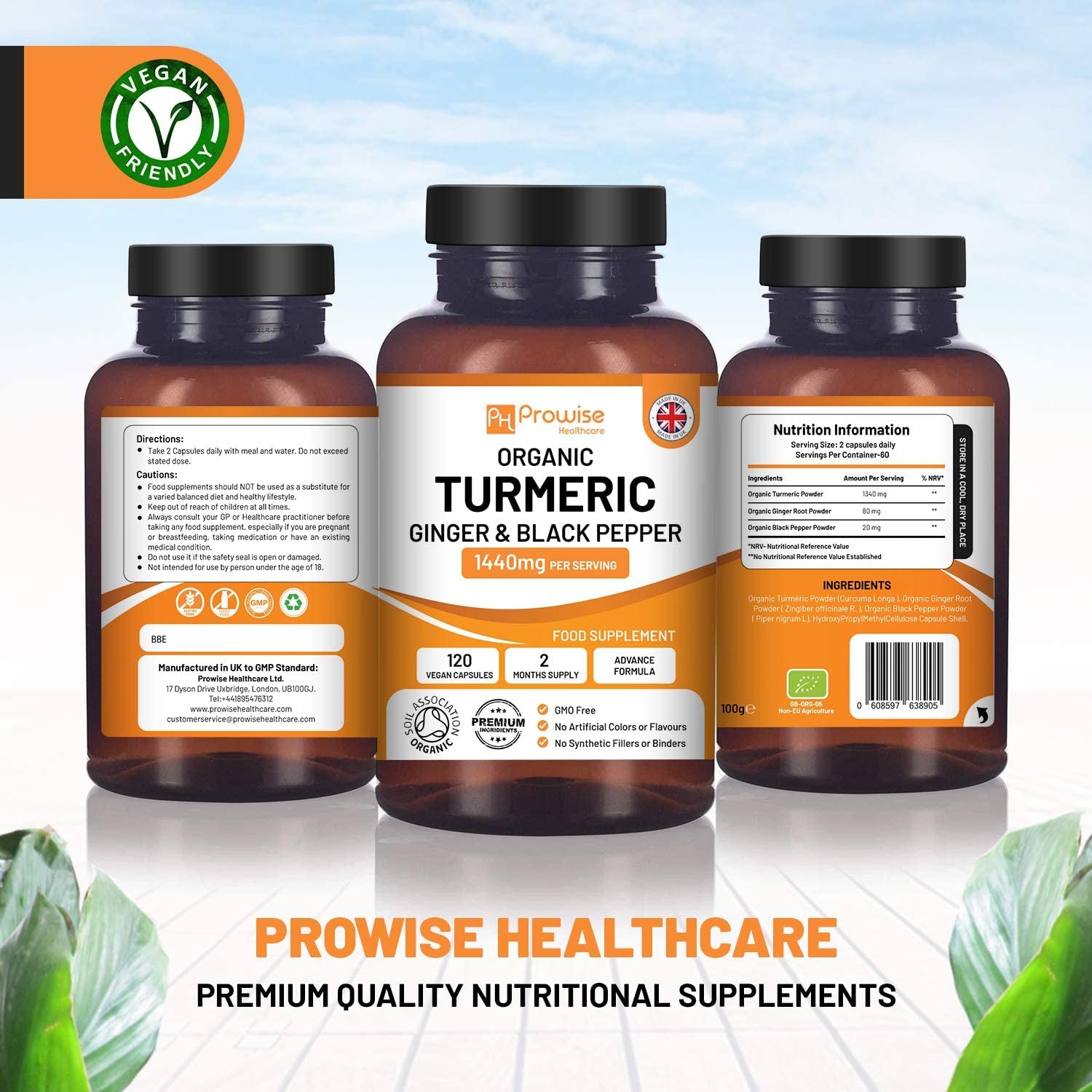 Turmeric Curcumin 1440Mg with Black Pepper & Ginger I 120 Vegan Turmeric Capsules High Strength (2 Month Supply) I Made in the UK by Prowise Healthcare