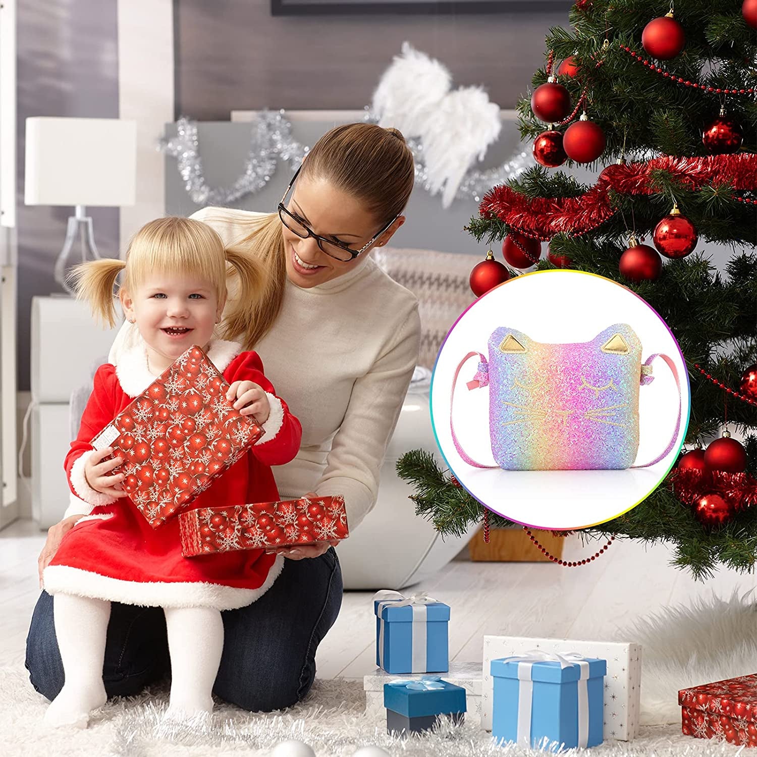 3 Pcs Cat Shoulder Bag Set, Cute Hand Bags Handbag with Mini Coin Purse Cat Headband for Christmas Girl Birthday, Glitter Rainbow Color