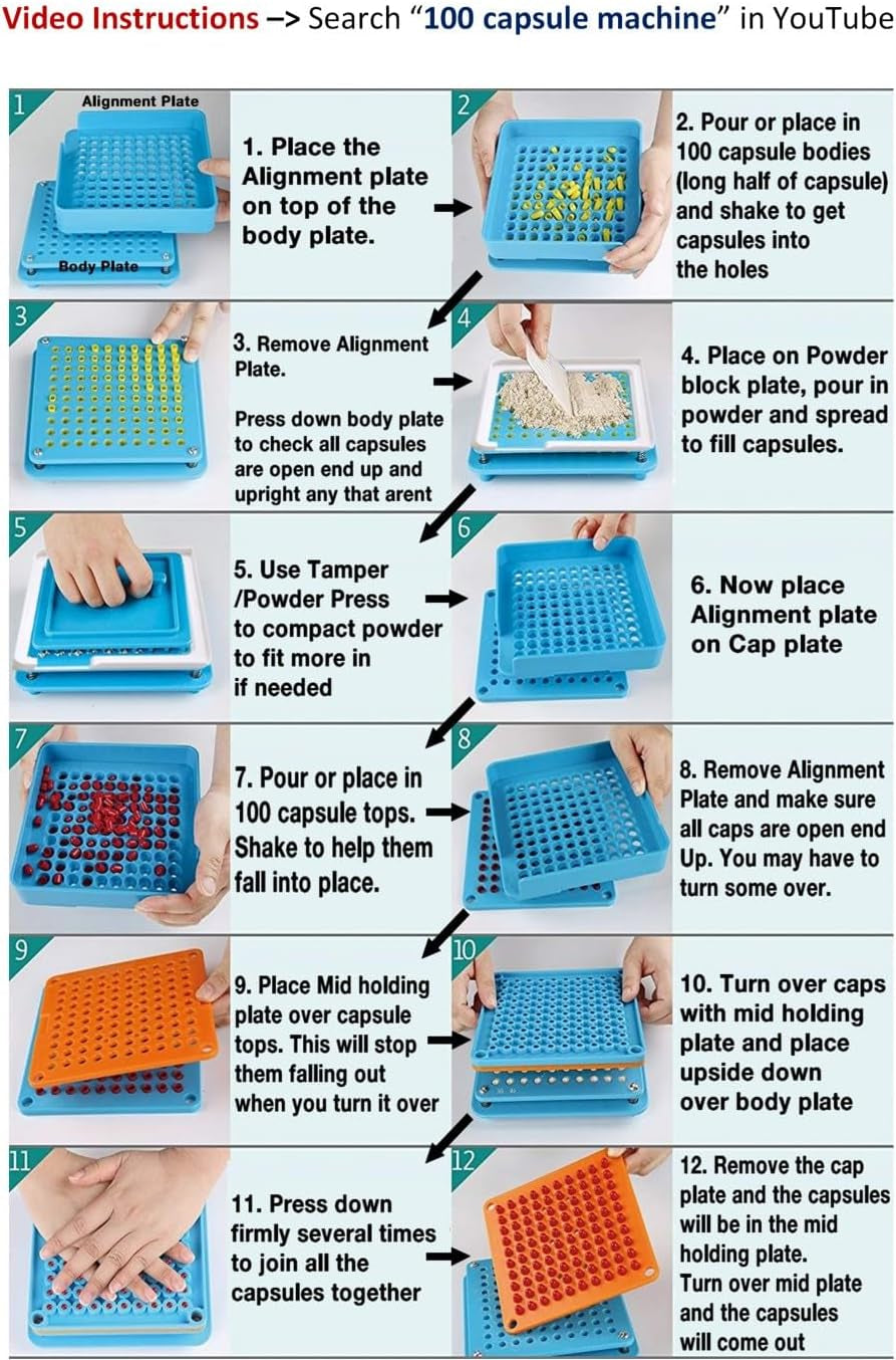 Capsule Machine Size 000 (Largest) - 100 Holes Empty Capsules Filler with Tamper Supplements Filling Vitamin Pill