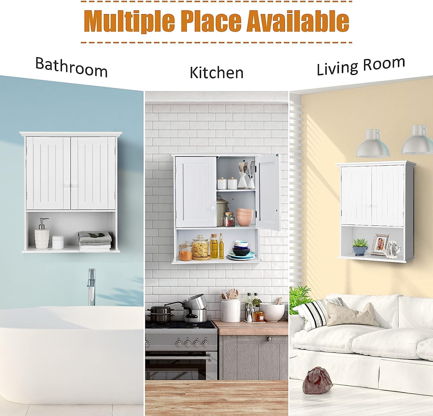 Bathroom Wall Cabinet, 2-Door Wall Mount Cabinet W/Hanging Design, Wooden Medicine Cabinet W/Adjustable Built-In Shelf, Kitchen/Laundry Storage Cupboard with Ample Storage Space (Gray/White)