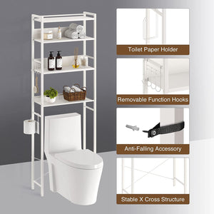 over the Toilet Storage, 4-Tier Wooden Bathroom Space Saver with Hooks, Freestanding Bathroom Organizer, Multifunctional over the Toilet Storage Rack, Bathroom Toilet Rack, White