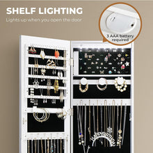 Load image into Gallery viewer, LED Jewelry Cabinet Armoire Lockable with Mirror, Jewelry Storage Organiser Large Space,Wall/Door Mounted Dressing Mirror Full Length for Bedroom,Living Room,Bathroom, 37X10X120Cm (White)
