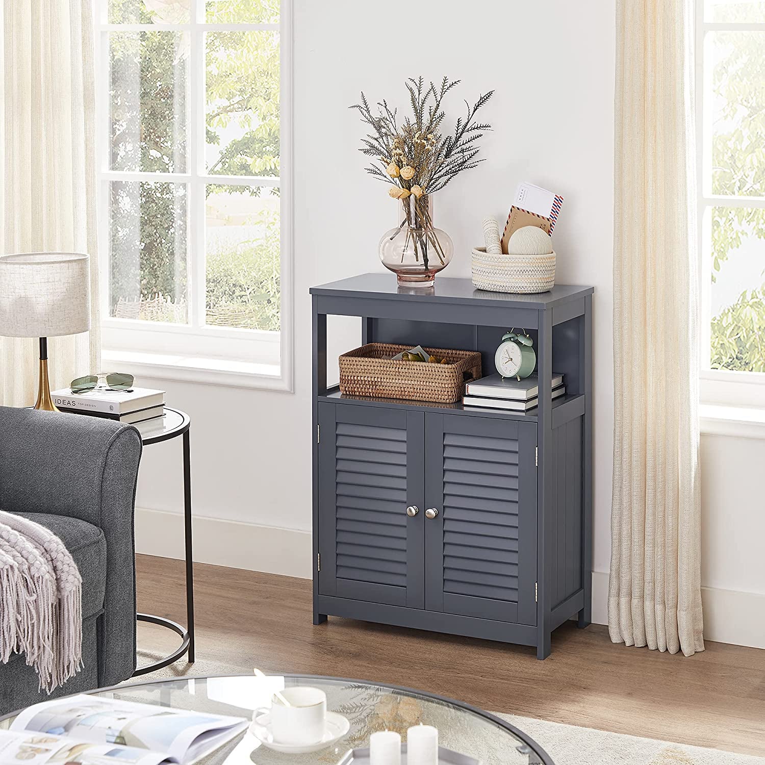 Bathroom Storage Floor Cabinet, Free Standing with Double Shutter Doors and Adjustable Shelf, Gray BBC040G01