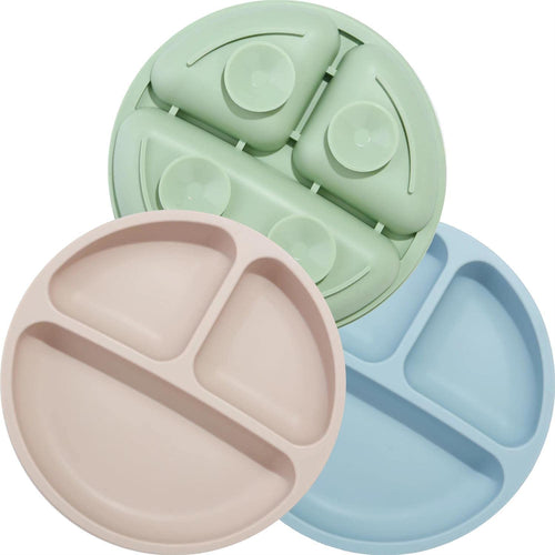 - 3 Pack- Silicone Baby Suction Plates for Toddler Kids Self Feeding, Stay Put Divided Dish Feeding Plates for High Chair Tray, Unbreakable Portable Non Slip (Blue Green Brown)