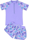 Kids Girls Swimsuit Sleeve Rash Guard Shirt with Short Surfing Suit Wetsuit Swimwear