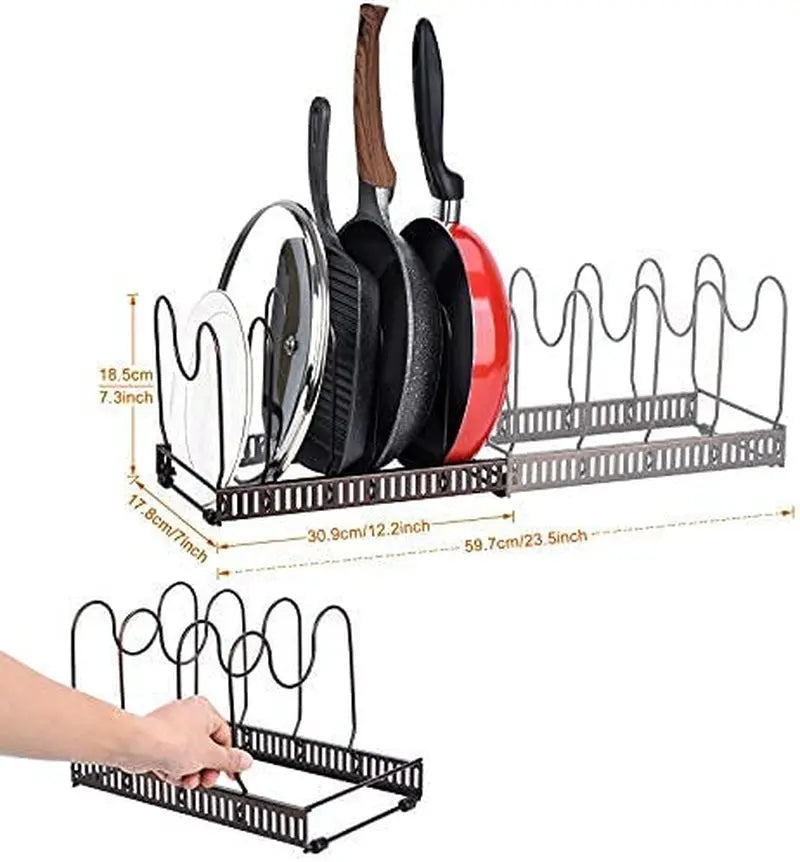 Expandable Pans Organizer Rack, 10 Adjustable Compartments, Cookware Holder for Pantry or Cabinet, Black