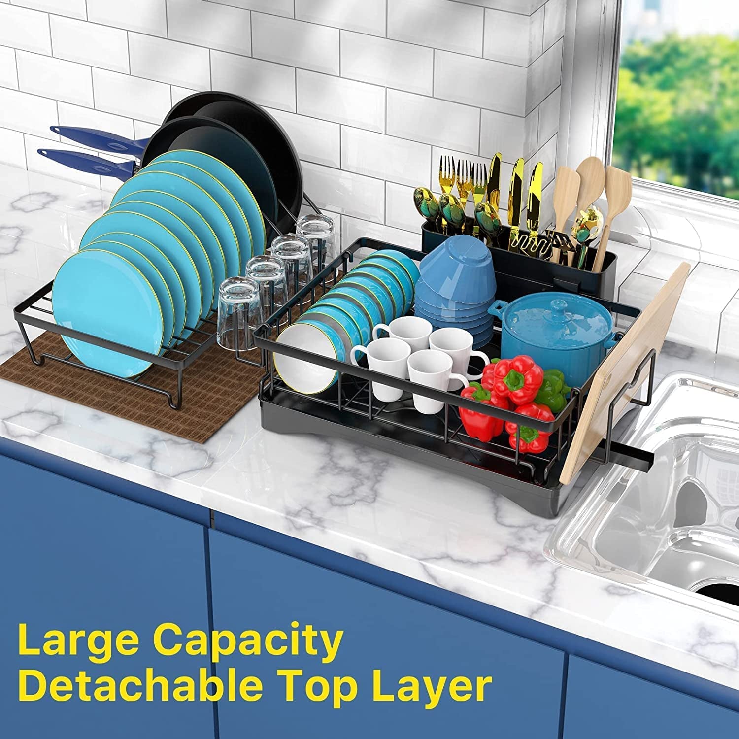 Dish Drying Rack, 2 Tier Dish Rack with Drain Board for Kitchen Counter, Stainless Steel Dish Drainer with Drainage Utensil Holder, Cutlery Rack, Cup Holder, Cutting Board Holder