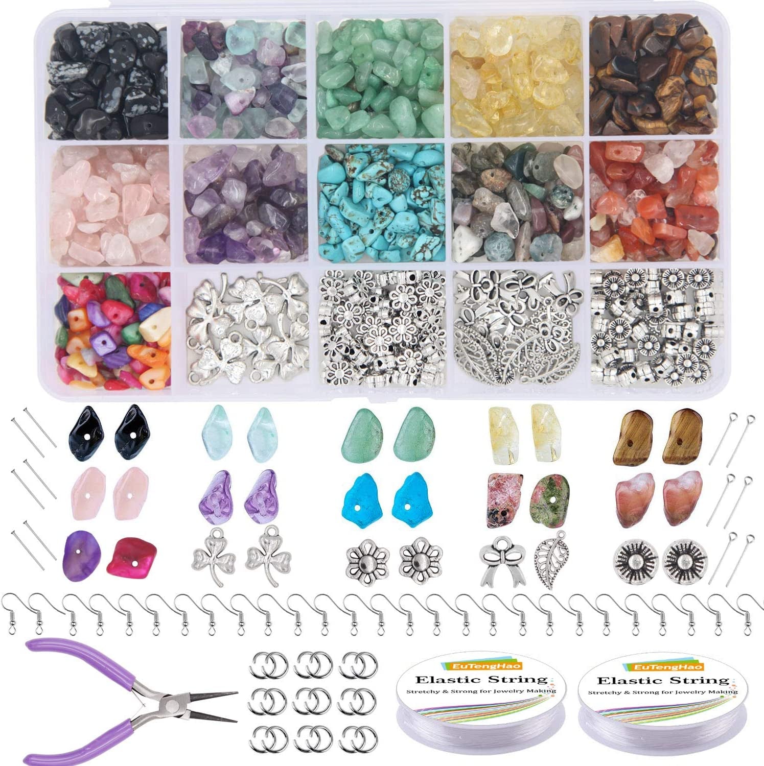 933Pcs Irregular Chips Stone Beads Natural Gemstone Beads Kit with Ear Wire Spacers Beads Pendants Elastic String Jump Rings for DIY Jewelry Necklace Bracelet Earring Making Supplies