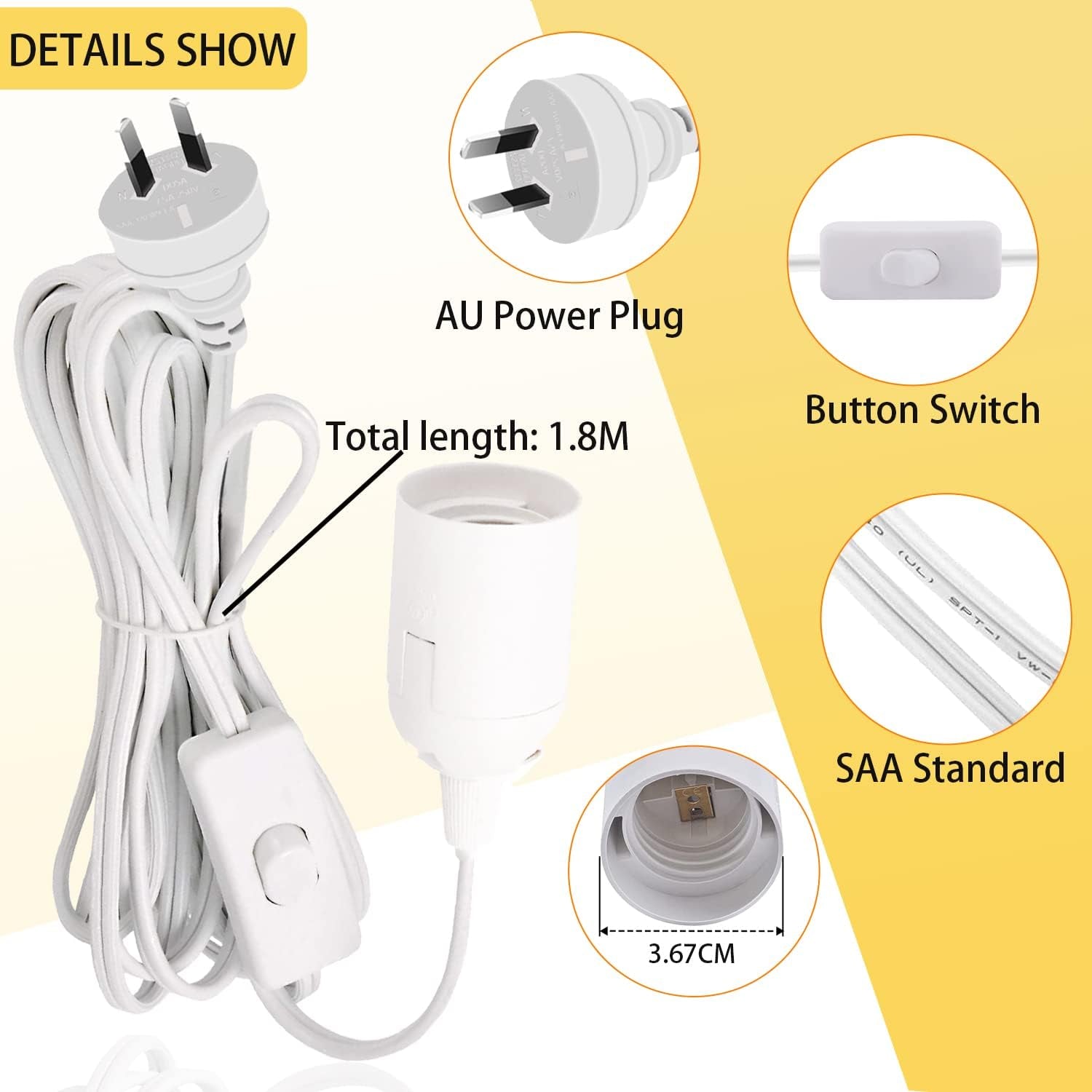 2Pcs E27 Cable Cord with On/Off Switch, E27 Lamp Base Holder Socket AC AU Power Plug, 1.8M White Extension Lights Lamp Bulb Cord for Bedroom Kitchen Plant Growth DIY Hanging Lanterns Pendant Light