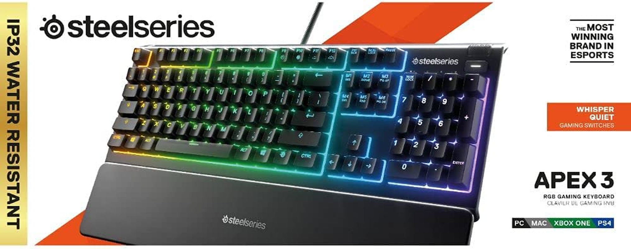 Apex 3 Whisper Quiet IP32 Water & Dust-Resistant Gaming Keyboard - Prism 10-Zone RGB Illumination - Premium Magnetic Wrist Rest