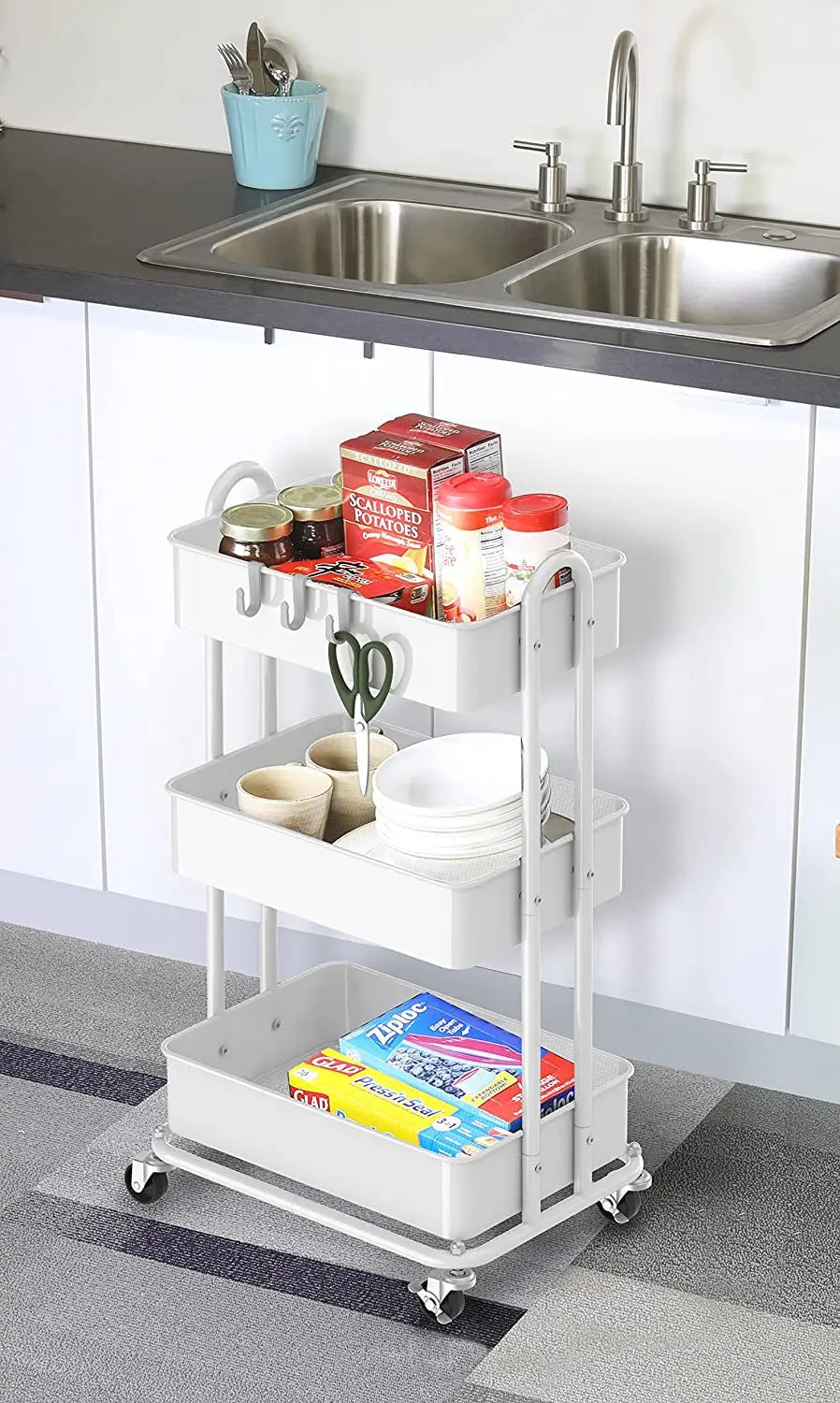 Simplehouseware Heavy Duty 3-Tier Metal Utility Rolling Cart, White