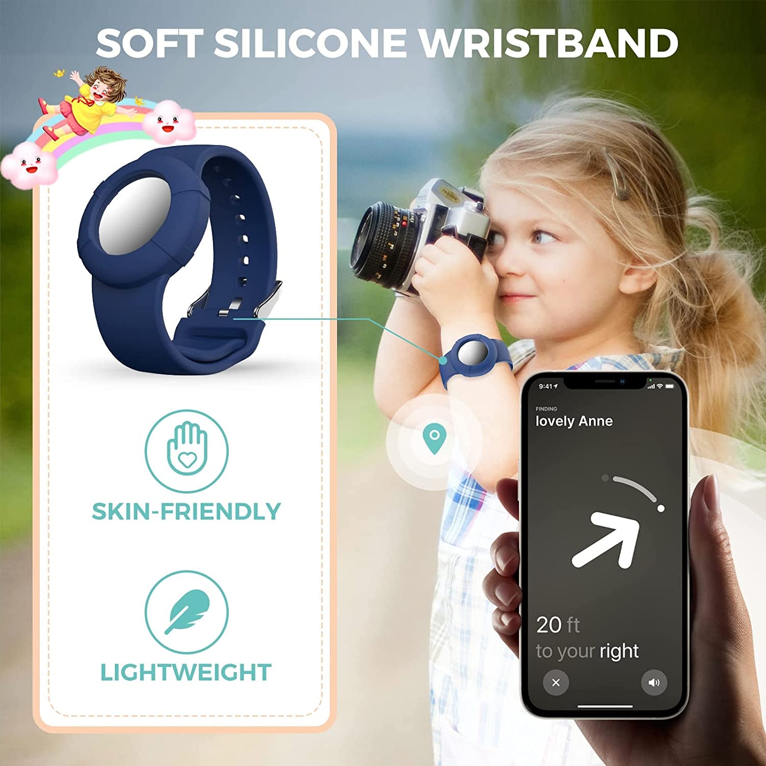 Air Tag Wristband Kids(2 Pack) - Soft Silicone Air Tag Bracelet for Kids - Lightweight GPS Tracker Holder Compatible with Apple Air Tag Childs Watch Band Kids (Black & Navy Blue)
