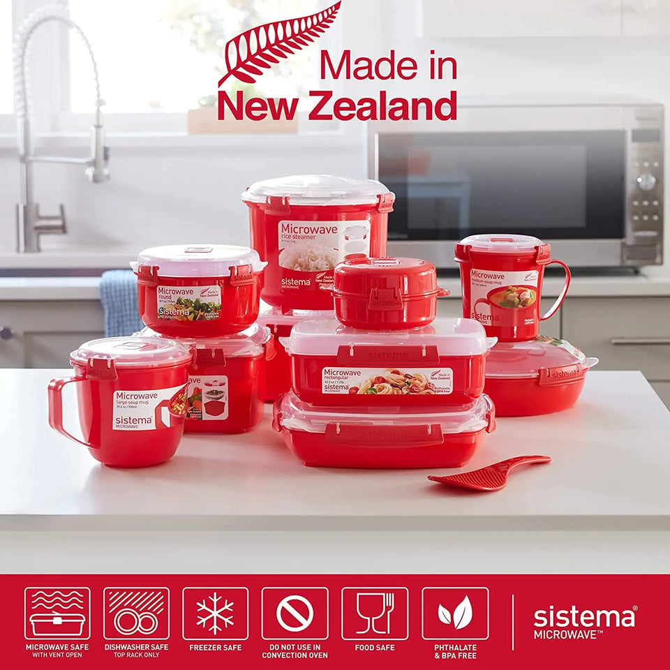 82001 Microwave Rice Cooker (2.6L) and round Microwave Food Container (915Ml) Bpa-Free, Red/Clear