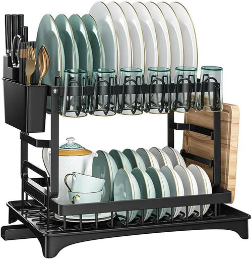 Dish Drying Rack, Dish Rack for Kitchen Counter, Dish Drainers for Kitchen Storage & Organisation with Cup Holder, Large Capacity Dish Rack and Drainboard Set