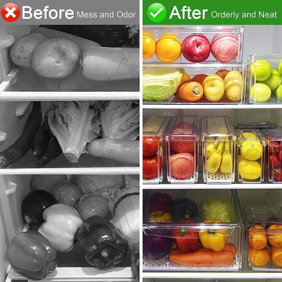 Clear Stackable Fridge Organiser Bins with Lids, Large Size Plastic Food Storage Containers for Fruit & Vegetable Storage, Kitchen Storage & Organisation (10 Pack-Tall)