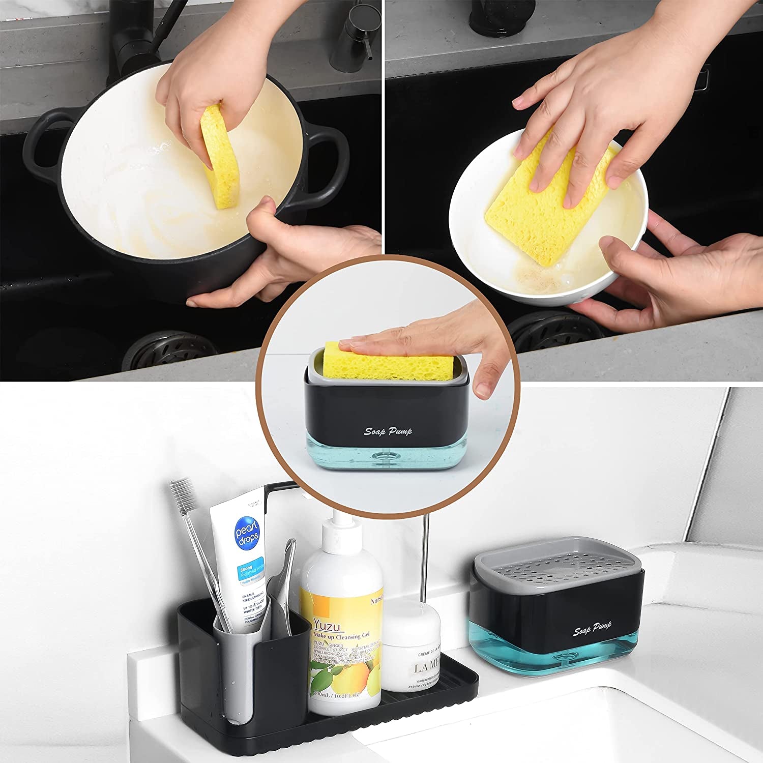 Kitchen Sink Organiser Caddy Set with Soap Pump Dispenser, Sponge Holder, Rack & Dish Brush Holder, Kitchen Storage Organizer Gadgets