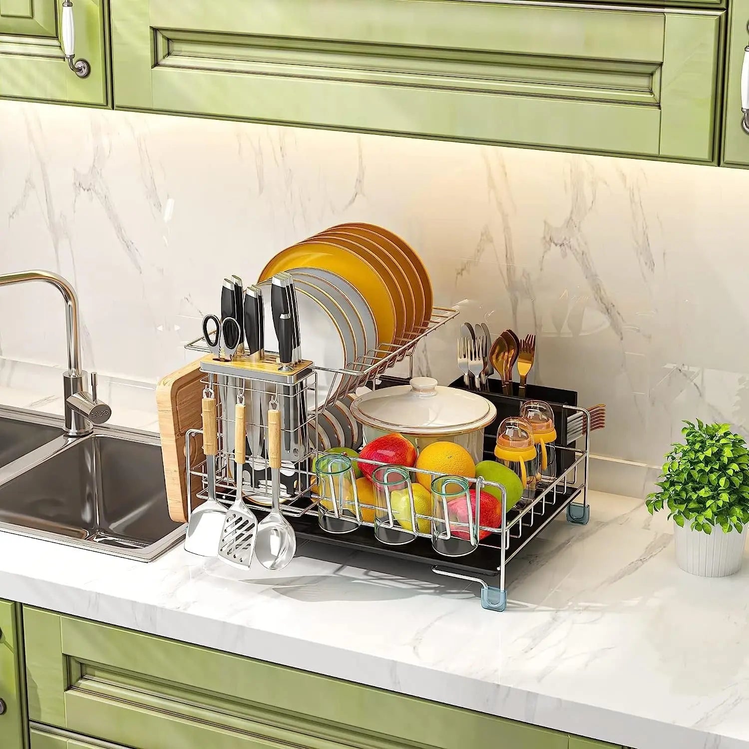 2-Tier Stainless Steel Dish Drying Rack with Draining Board - Detachable Rustproof Cutlery Rack with Utensil Holders, Knife Holder, Cup Holder for Kitchen Storage & Organisation