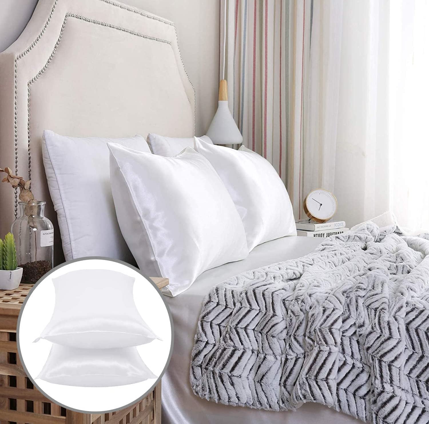 Satin Pillowcase,  2 Pack 20"X 30" Silk Satin Pillowcases for Hair and Skin Queen Size Pillow Case with Envelope Closure (50X75Cm, Elegant White)